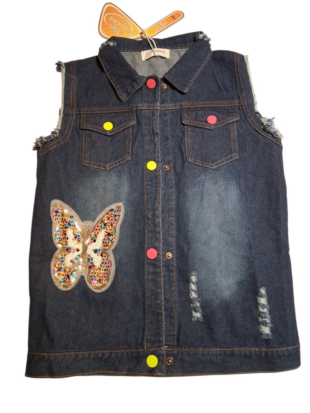 Mud Kingdom Girls Denim Vest Sequin Butterfly Distressed Jean Jacket Size 150